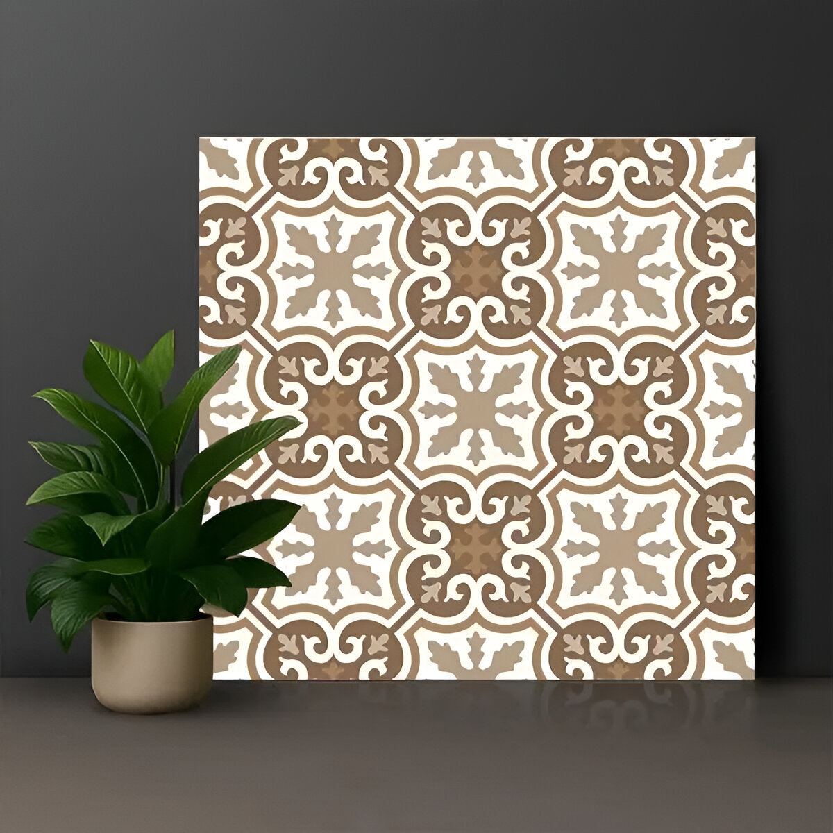 Armeida Moroccan Vitrified Tile 24 x 24 Inch in brown matt finish featuring intricate Moroccan and Rangoli-inspired printed patterns — ideal for stylish walls and floors in living rooms, kitchens, or cafés, offering a blend of ethnic artistry and modern durability.
