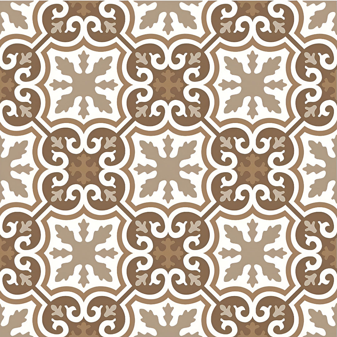 Armeida Moroccan Vitrified Tile 24 x 24 Inch in brown matt finish featuring intricate Moroccan and Rangoli-inspired printed patterns — ideal for stylish walls and floors in living rooms, kitchens, or cafés, offering a blend of ethnic artistry and modern durability.