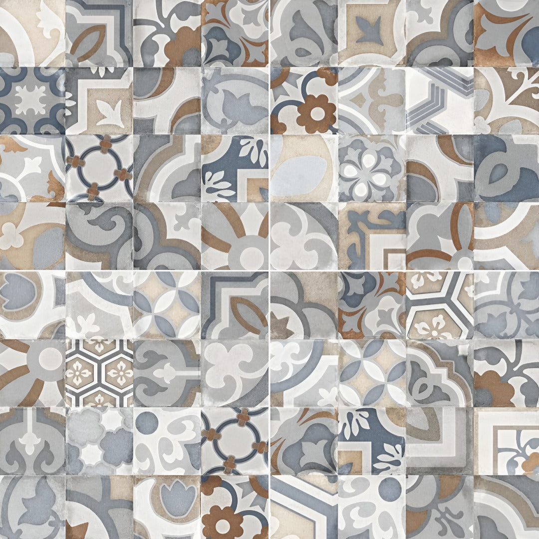 Aster Moroccan Vitrified Tile 24 x 24 Inch in elegant grey and beige tones featuring intricate Moroccan geometric patterns with a subtle matt finish, displayed in a modern living room interior showcasing its refined texture and aesthetic appeal.