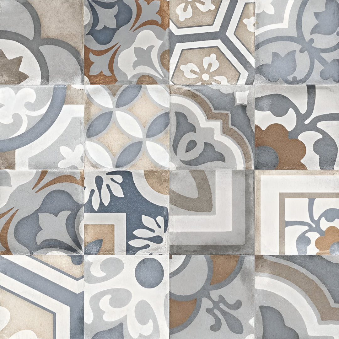 Aster Moroccan Vitrified Tile 24 x 24 Inch in elegant grey and beige tones featuring intricate Moroccan geometric patterns with a subtle matt finish, displayed in a modern living room interior showcasing its refined texture and aesthetic appeal.