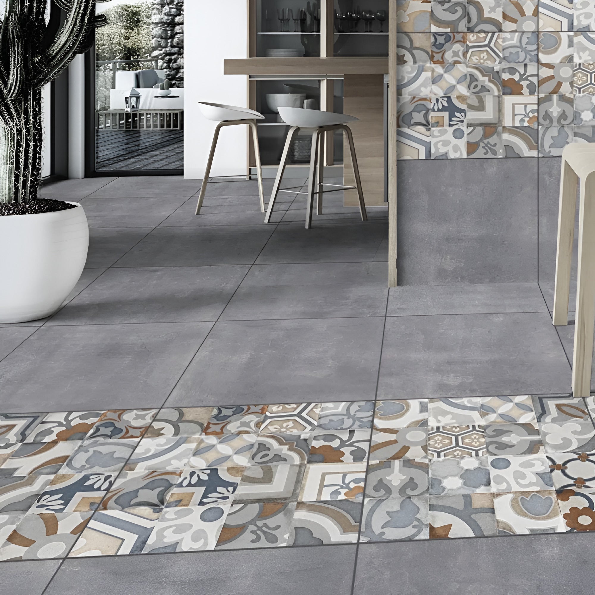 Aster Moroccan Vitrified Tile 24 x 24 Inch in elegant grey and beige tones featuring intricate Moroccan geometric patterns with a subtle matt finish, displayed in a modern living room interior showcasing its refined texture and aesthetic appeal.