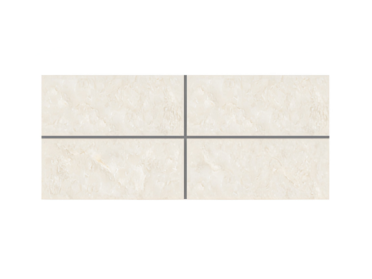 Avalon Crema vitrified tile in 24 x 48 inch format featuring a glossy marble-inspired surface pattern, installed on a modern interior floor and wall layout, reflecting light to create a spacious, premium and elegant architectural look with seamless large-format tile alignment.