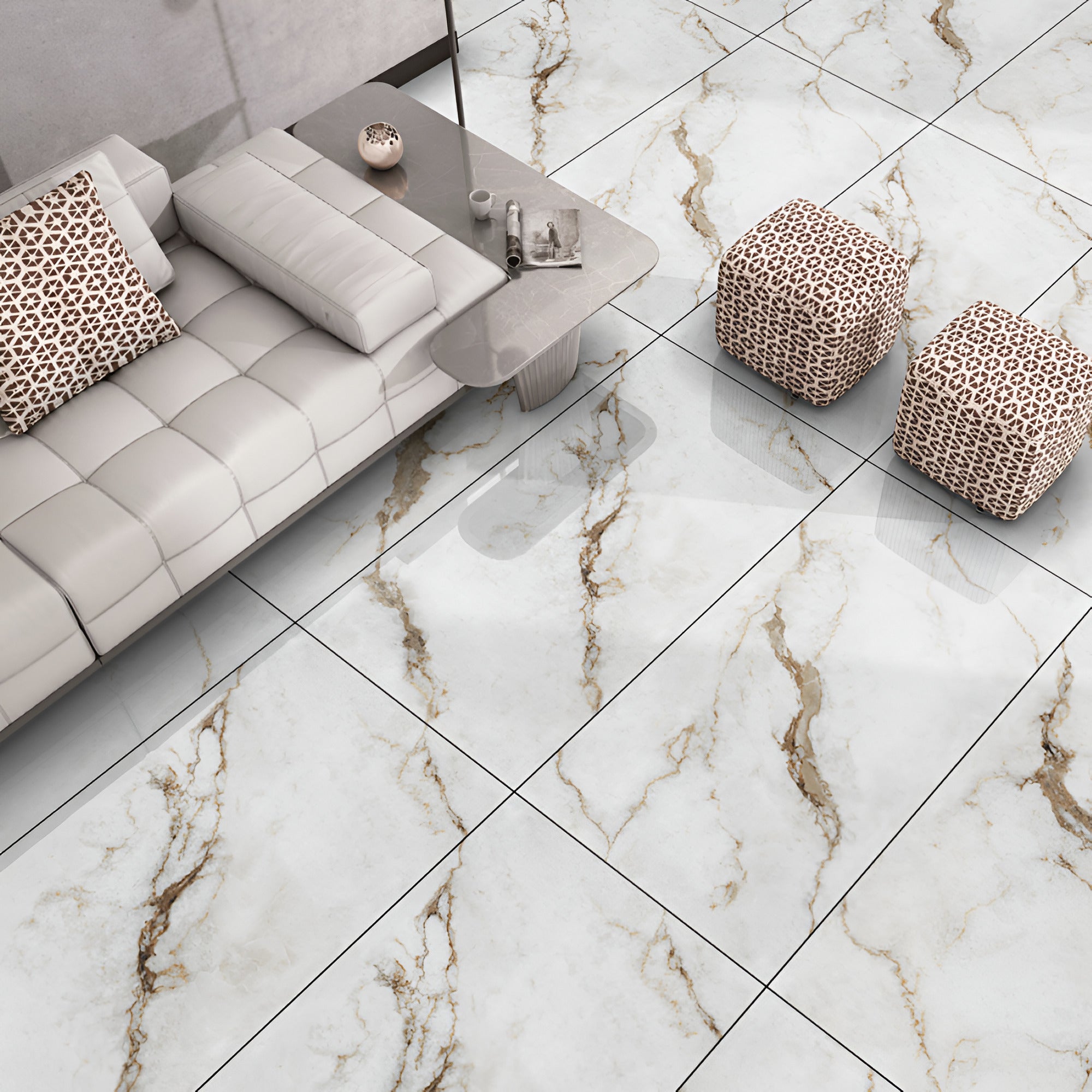 Avira Statuario BR vitrified marble design tile in 24x48 inch size installed on a modern interior surface, showing a smooth reflective finish with natural stone-inspired patterns that create a premium, elegant and seamless look for floor and wall spaces.