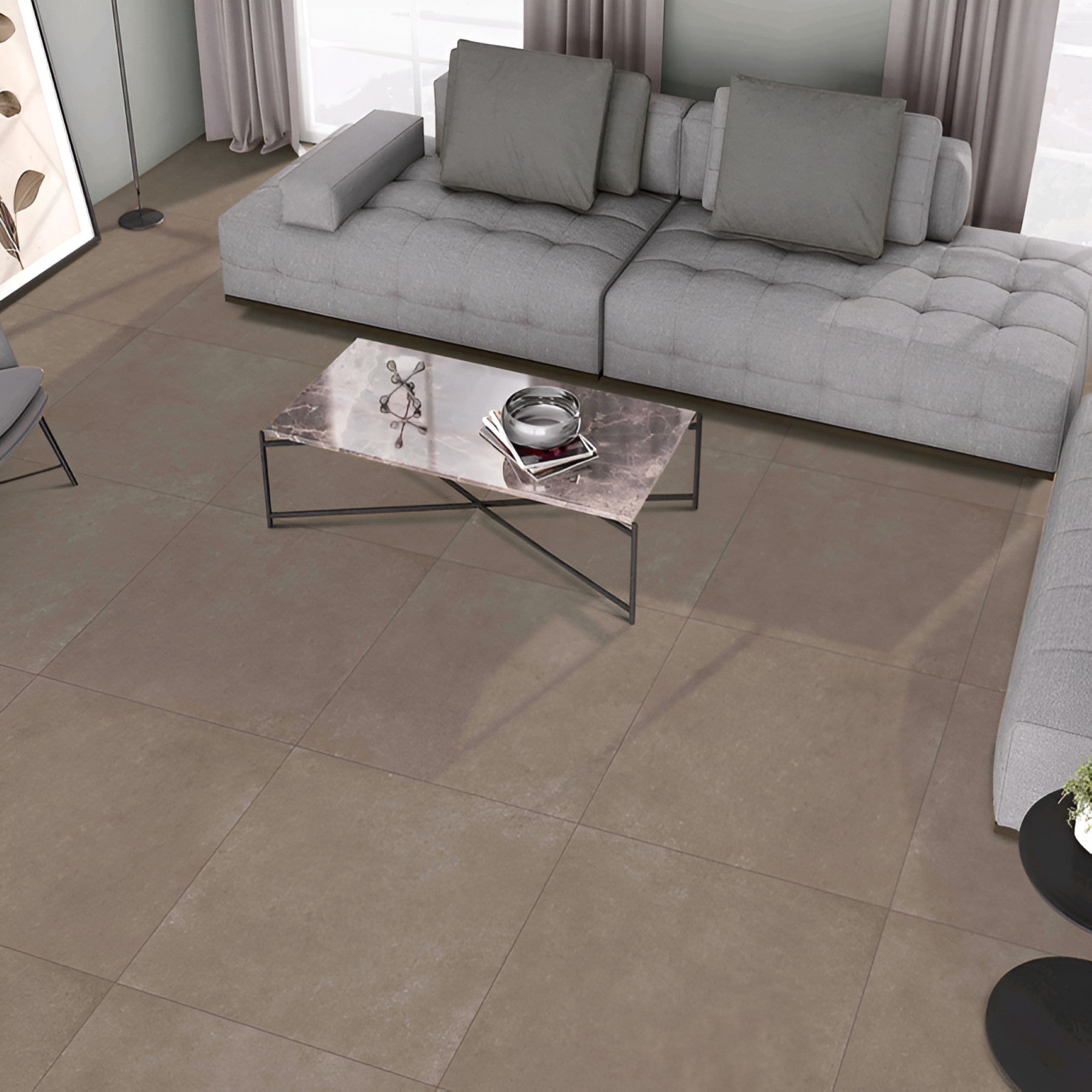 Azzule Taupe Plain Ceramic Tile 24x24 Inch – elegant brown matt-finish ceramic tile featuring a smooth, plain surface with subtle earthy undertones, ideal for modern floor and wall designs in homes and offices.