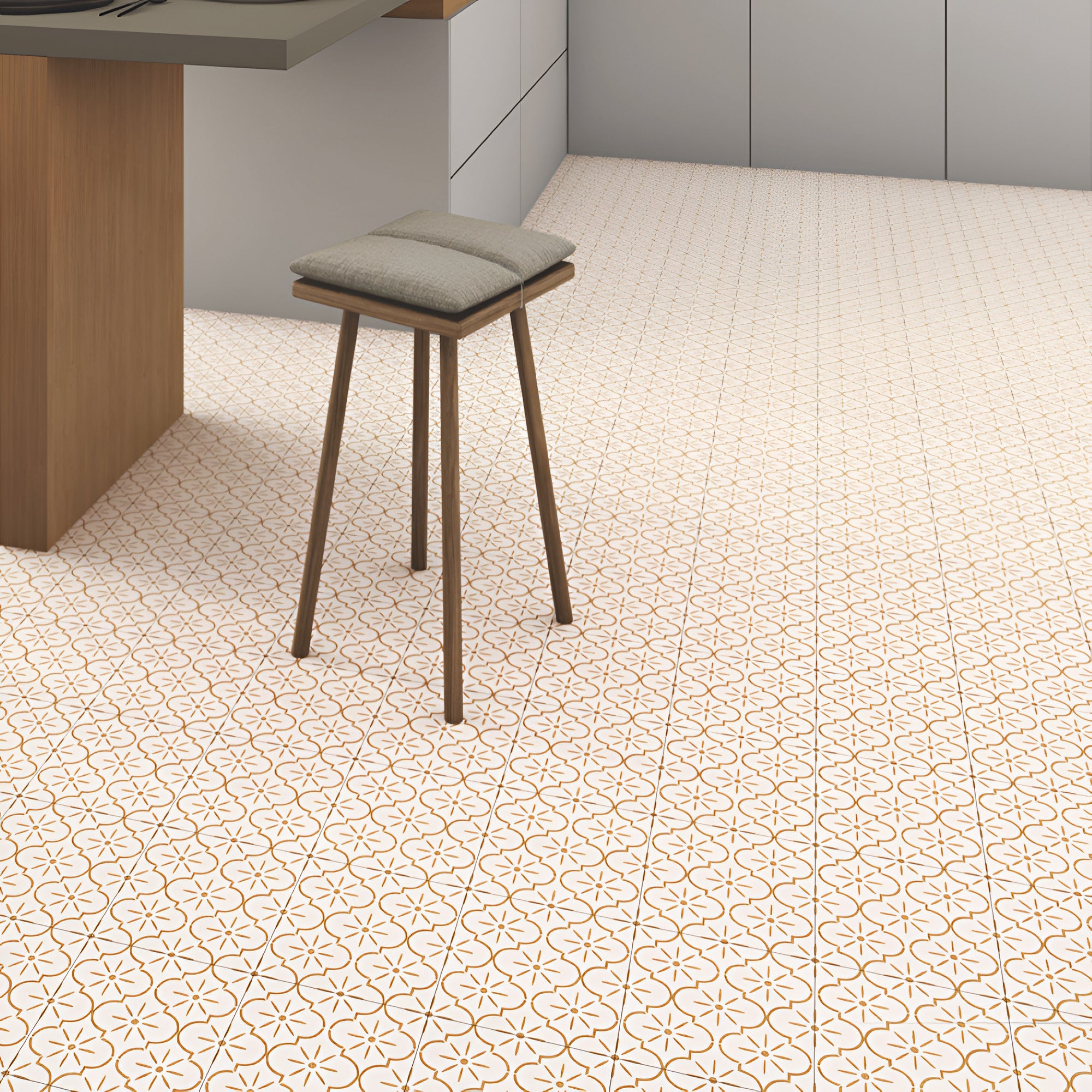 Backstage Brown Moroccan vitrified tile in 8×8 inch size featuring a rich brown color with detailed Moroccan and rangoli-inspired printed patterns, matt finish surface, suitable for floor and wall applications in living rooms, kitchens, bathrooms, cafés, and decorative interior spaces.