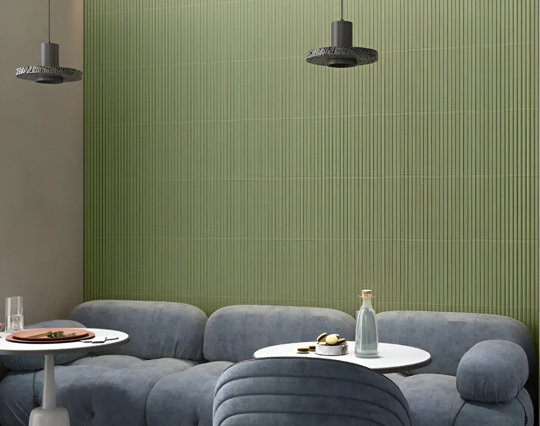 Bambu Green Fluted Matt Tile 3x12 inch with natural green tone and textured fluted matt design, perfect for kitchen backsplashes, bathroom walls, accent décor, and contemporary interiors.