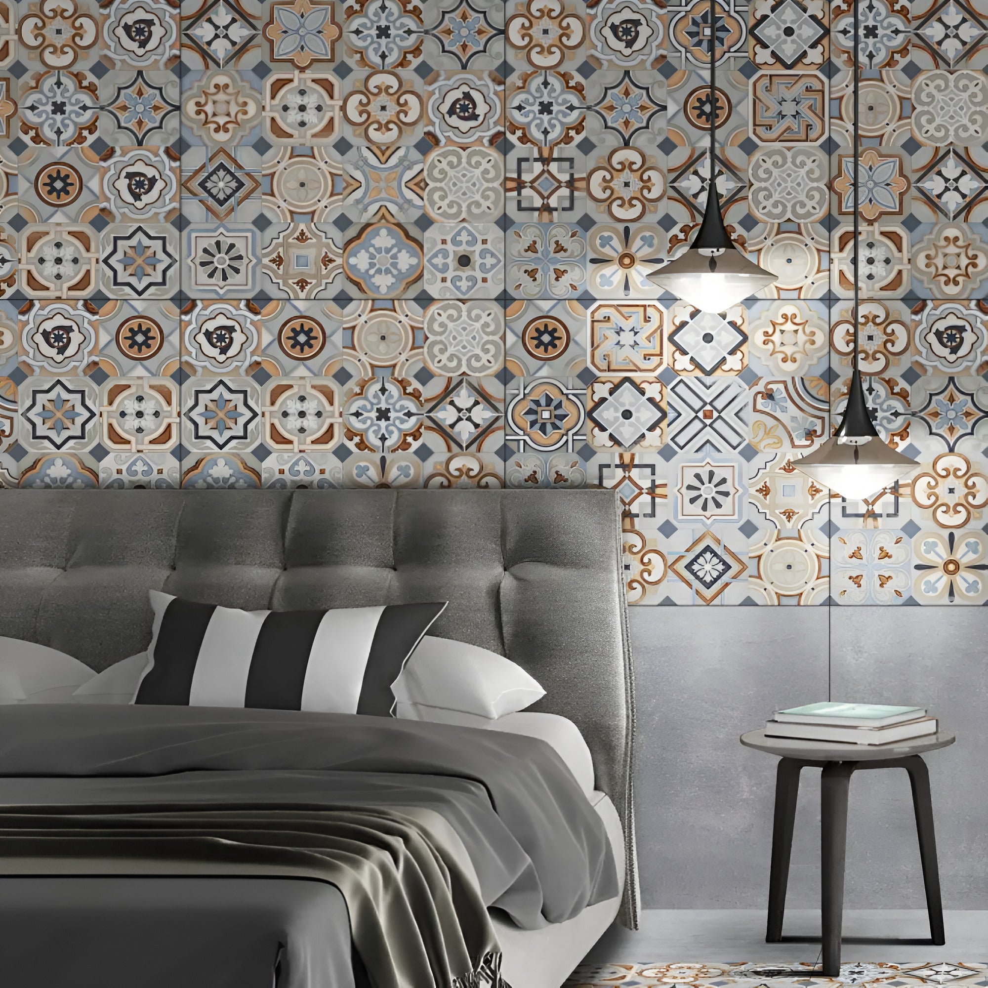 Basel Moroccan Vitrified Tile 24 x 24 Inch showing elegant Moroccan-inspired geometric patterns in soothing grey and beige tones, matt finish surface ideal for modern and traditional interiors, perfect for floor and wall application.