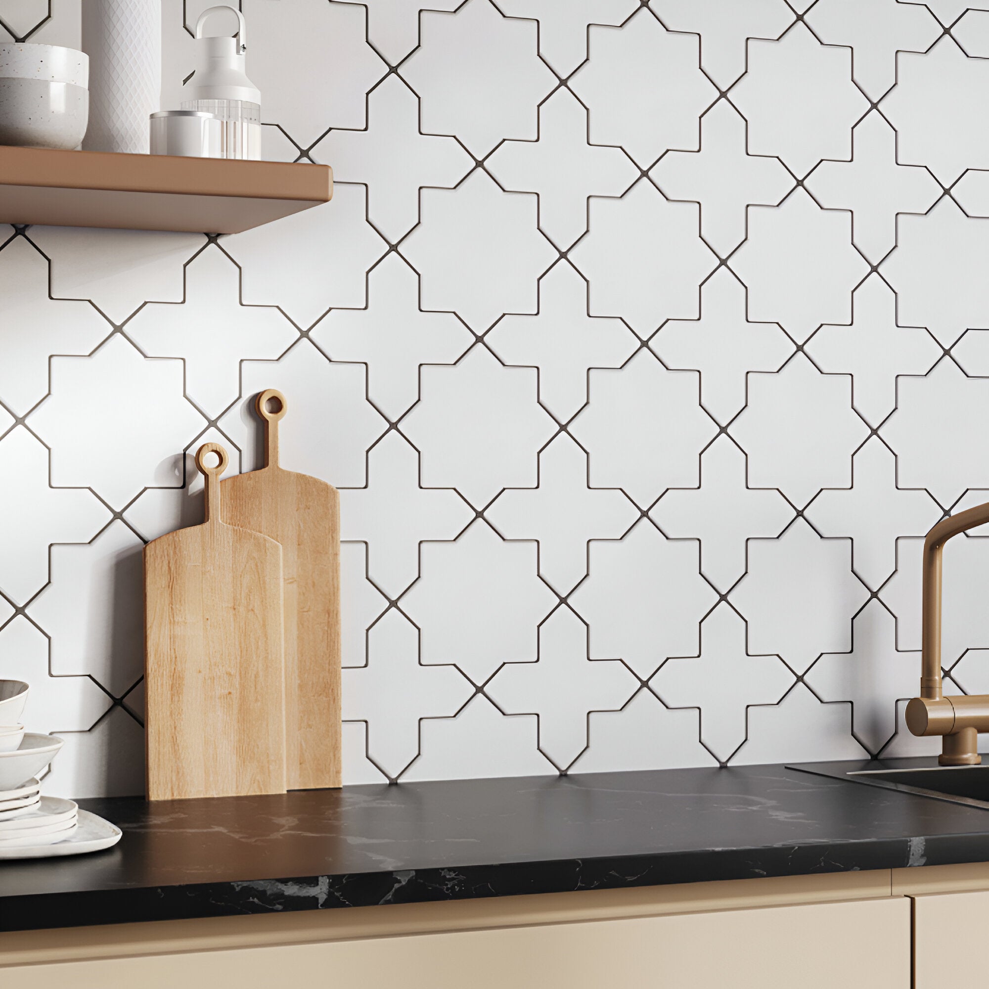 Batik Harbor Star-Cross vitrified tile in 6×6 inch size with a matt finish, featuring an intricate star-cross pattern, suitable for floor and wall installation in bathrooms, kitchens, patios, and decorative interior spaces.