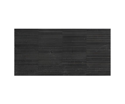 Belmond Black Decor Vitrified Tile 24x48 Inch installed on a modern floor surface, showcasing a rustic textured design with a matt finish, creating a spacious and seamless look suitable for both residential and commercial interior spaces with minimal grout lines and a durable vitrified body for long-term performance.