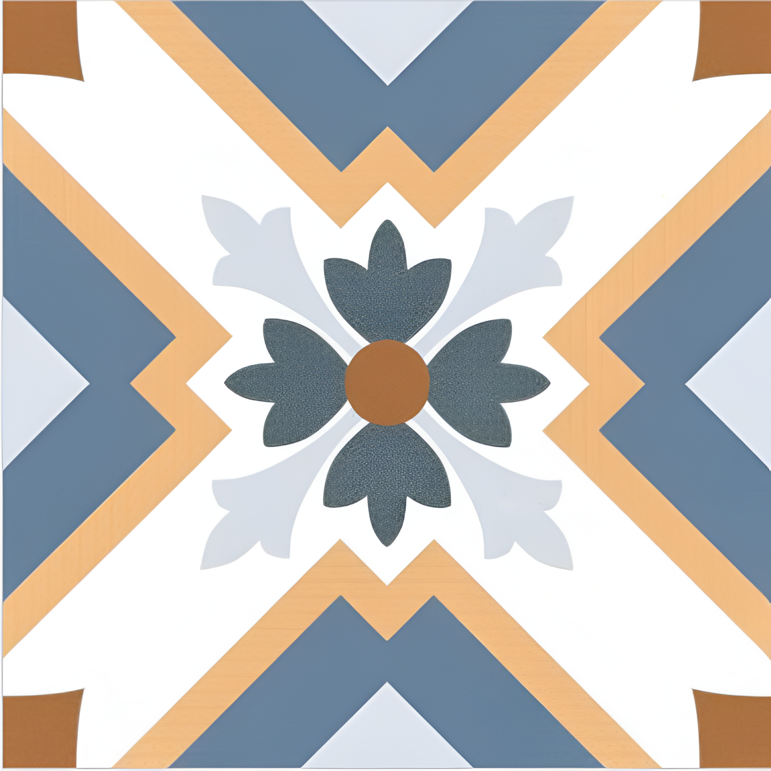 Bergen Moroccan Vitrified Tile – 16×16 inch tile featuring intricate Moroccan-inspired patterns in soft blue, grey, and beige tones, ideal for timeless interiors.






