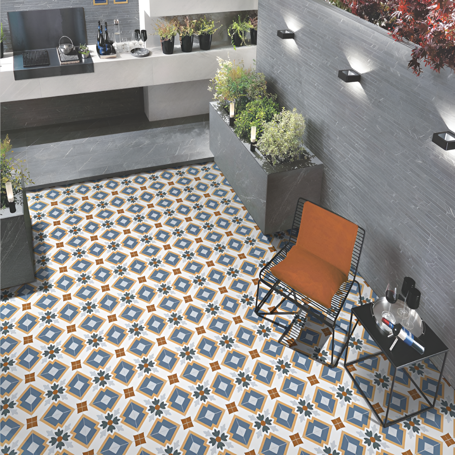 Bergen Moroccan Vitrified Tile – 16×16 inch tile featuring intricate Moroccan-inspired patterns in soft blue, grey, and beige tones, ideal for timeless interiors.







