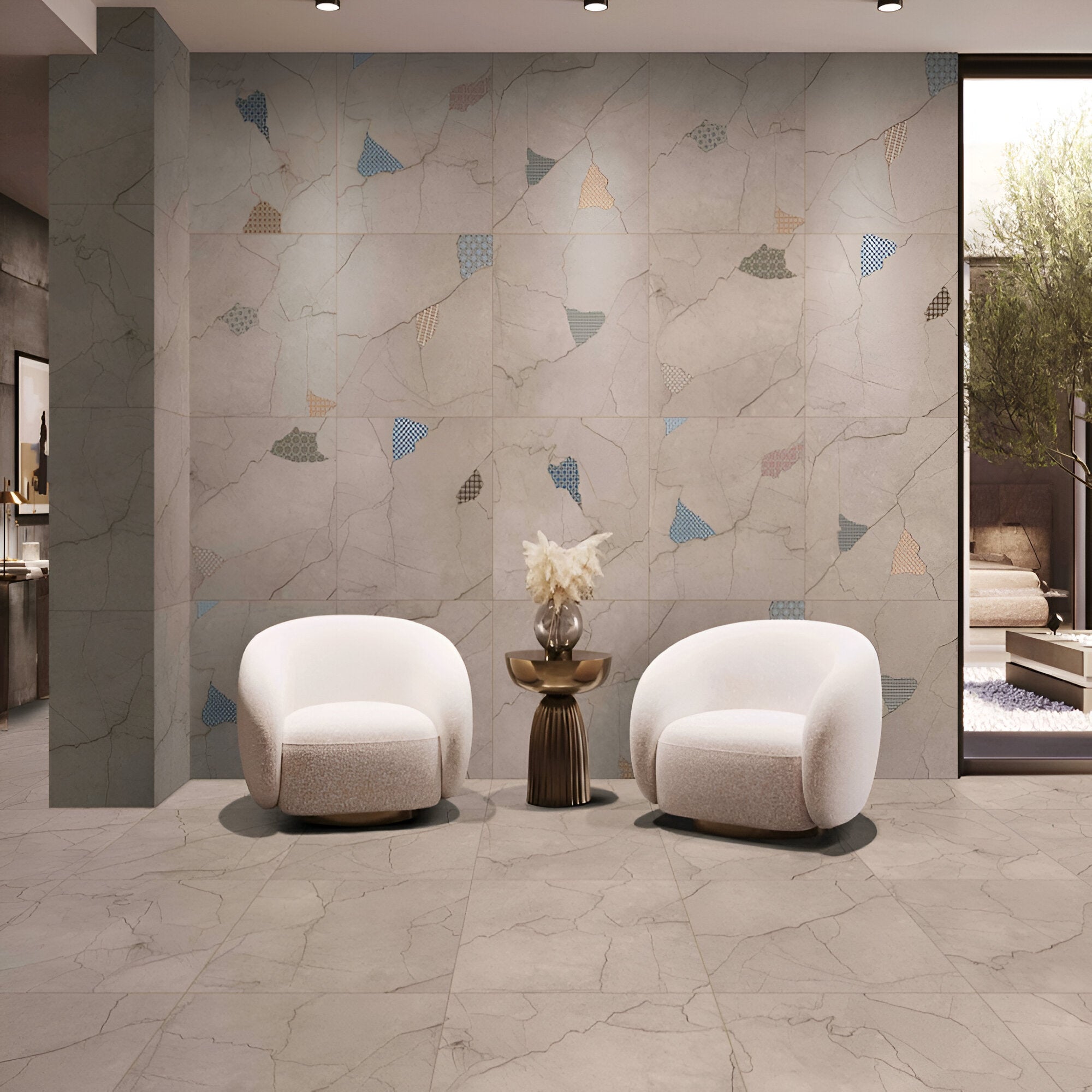 Bettle Earth Decor Moroccan Vitrified Tile 24x24 Inch showing intricate Moroccan geometric patterns in warm brown shades with a smooth matt finish, suitable for stylish living room or kitchen flooring.