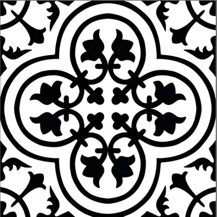 Black Floral Moroccan Vitrified Tile 12×12 inch – matte vitrified tile in black and white, featuring a delicate printed floral-rangoli pattern for elegant wall or floor applications. 
