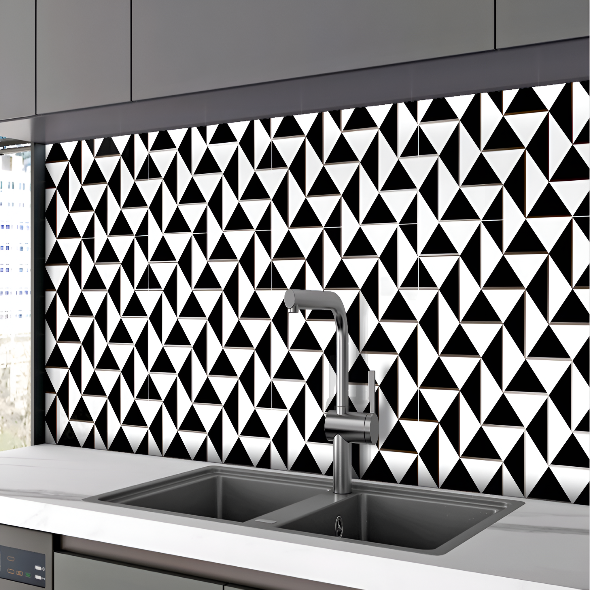 Modern 3D Triangle Tile – Black and white geometric ceramic tile with a raised triangular pattern, featuring a sleek glossy finish and high-contrast design for contemporary spaces.