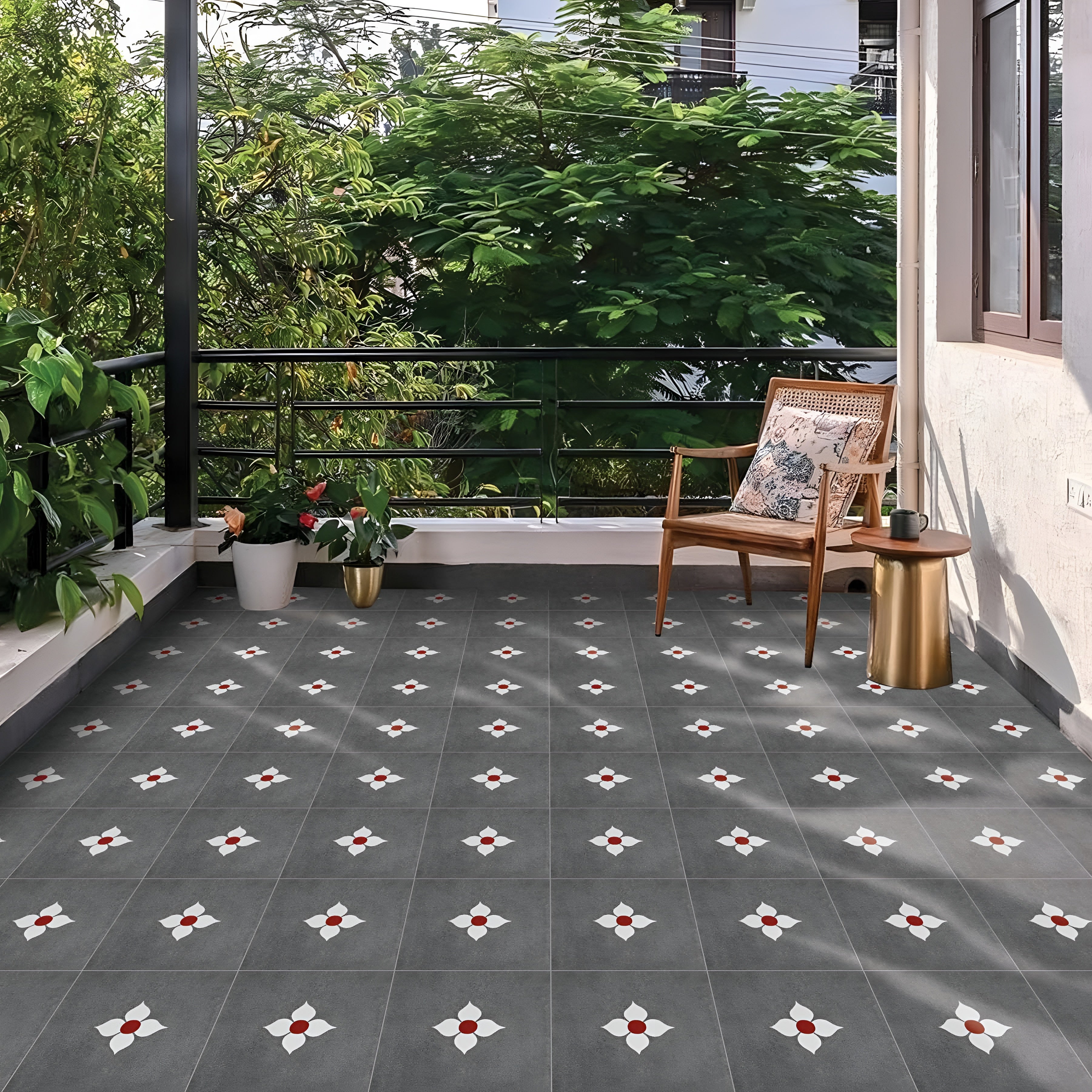 Blossom Grey Ceramic Athangudi Tile 12 Inch x 12 Inch featuring an elegant Moroccan-inspired Athangudi and Rangoli printed pattern in sophisticated grey tones with a smooth matt finish. This premium ceramic tile is suitable for both wall and floor applications, making it ideal for bathrooms, kitchens, balconies, bedrooms, living rooms, accent walls, and decorative flooring. The timeless geometric design complements modern, traditional, contemporary, and heritage-inspired interiors while offering durability,