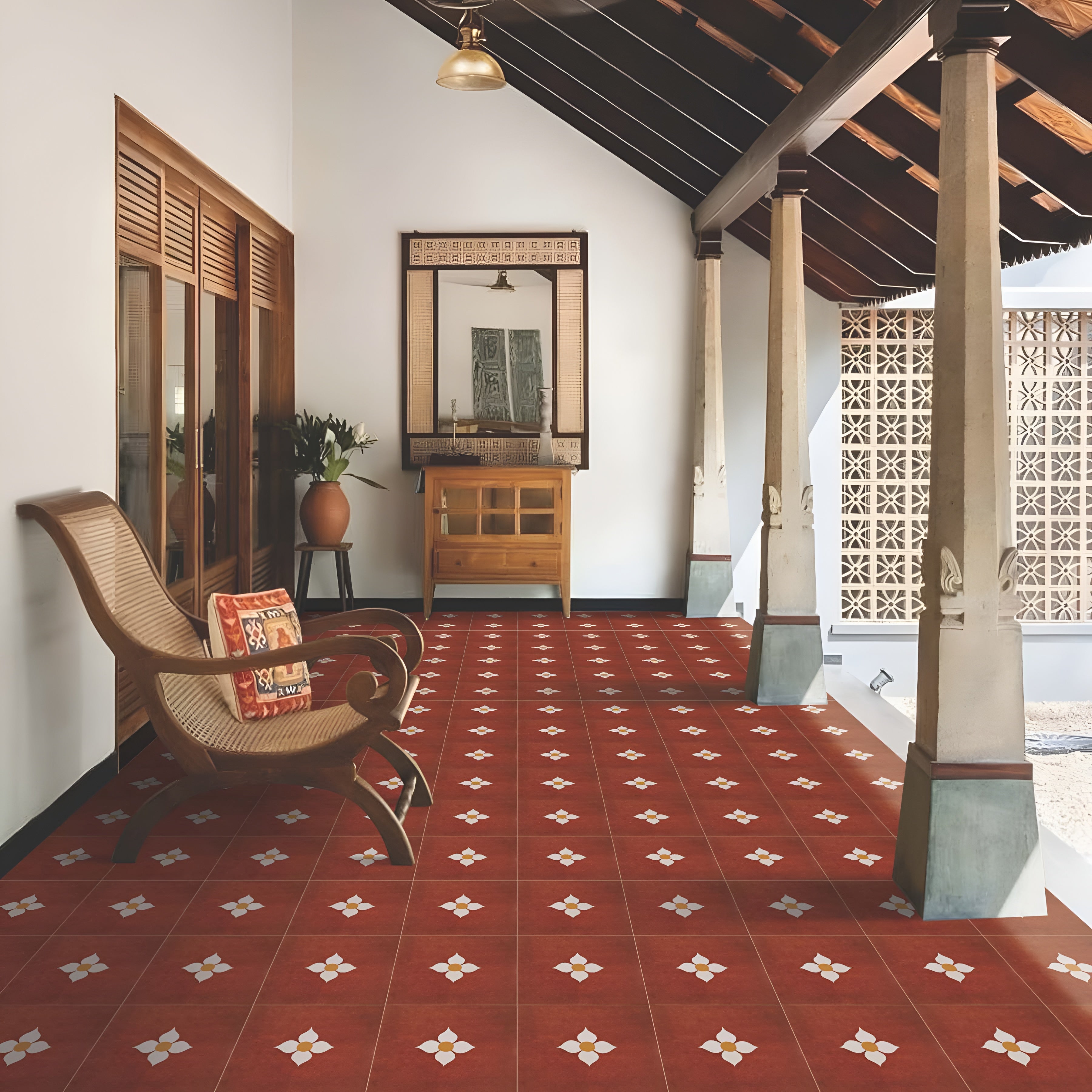 Blossom Terracotta Ceramic Athangudi Tile 12 Inch x 12 Inch featuring an elegant red matt finish with intricate Moroccan-inspired geometric patterns and traditional Athangudi Rangoli printed artwork. High-quality ceramic tile suitable for both wall and floor applications in bathrooms, kitchens, balconies, bedrooms, and living rooms, offering a timeless handcrafted appearance with durable, low-maintenance performance for contemporary and classic interior spaces. 