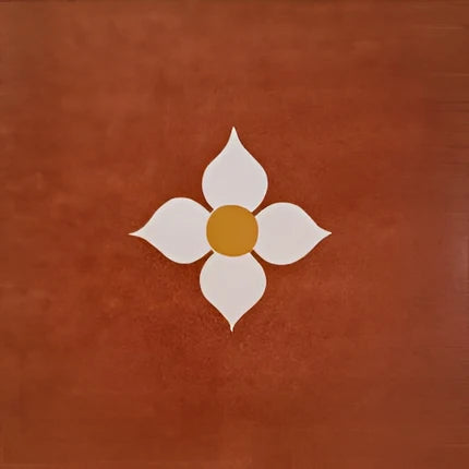 Blossom Terracotta Ceramic Athangudi Tile 12 Inch x 12 Inch featuring an elegant red matt finish with intricate Moroccan-inspired geometric patterns and traditional Athangudi Rangoli printed artwork. High-quality ceramic tile suitable for both wall and floor applications in bathrooms, kitchens, balconies, bedrooms, and living rooms, offering a timeless handcrafted appearance with durable, low-maintenance performance for contemporary and classic interior spaces. 