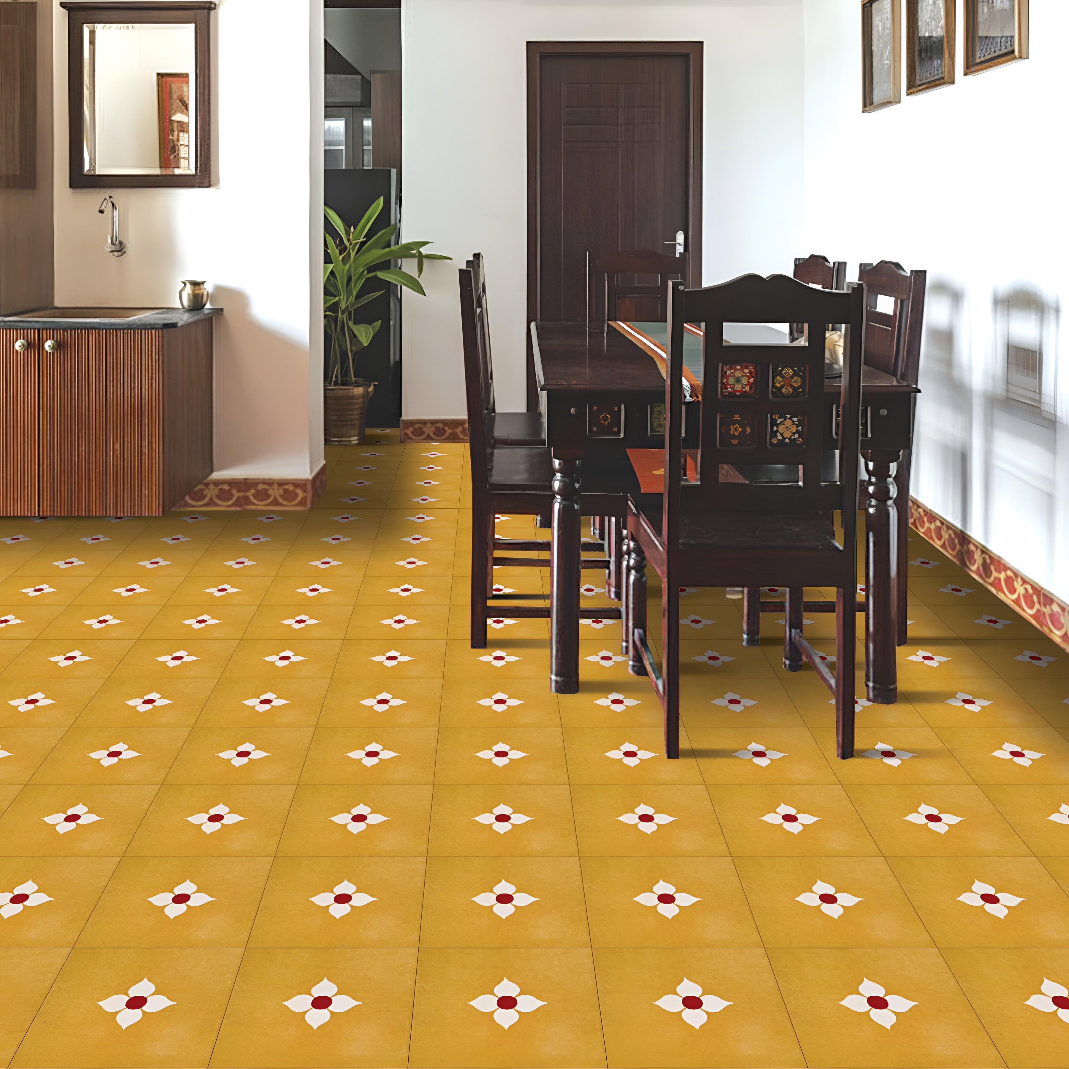 Blossom Yellow Ceramic Athangudi Tile 12 Inch x 12 Inch featuring a traditional Moroccan and Athangudi-inspired printed Rangoli pattern in yellow with a matt finish. This durable ceramic tile is suitable for both wall and floor applications in bathrooms, kitchens, balconies, bedrooms, living rooms, and other residential or commercial spaces. 