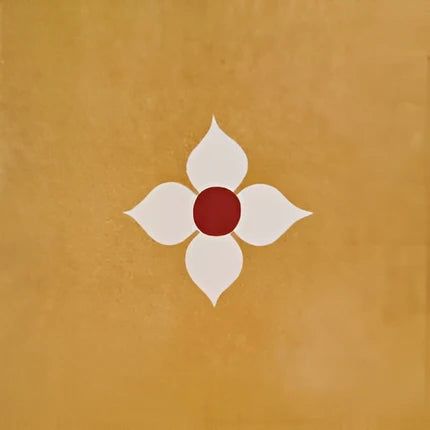 Blossom Yellow Ceramic Athangudi Tile 12 Inch x 12 Inch featuring a traditional Moroccan and Athangudi-inspired printed Rangoli pattern in yellow with a matt finish. This durable ceramic tile is suitable for both wall and floor applications in bathrooms, kitchens, balconies, bedrooms, living rooms, and other residential or commercial spaces. 