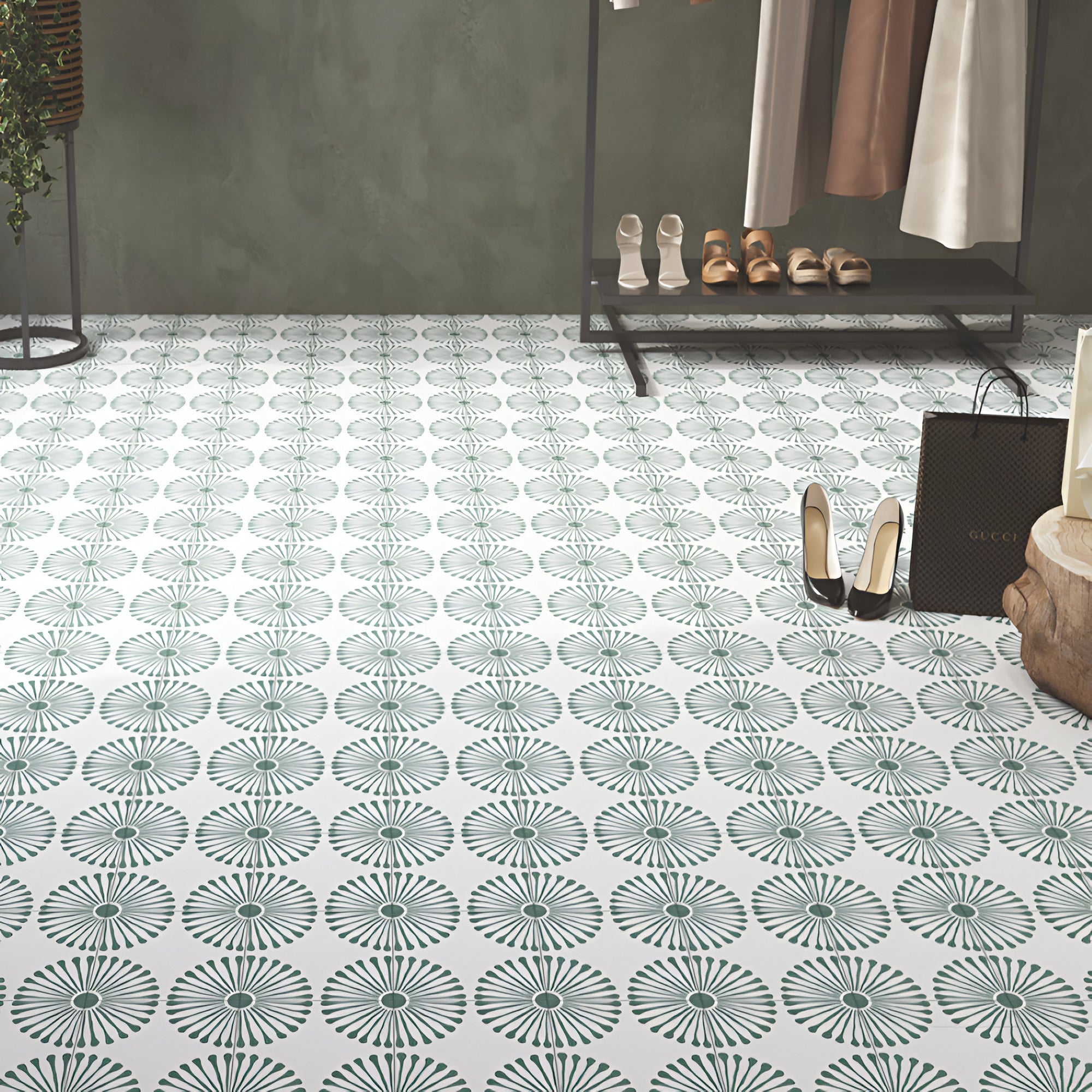 Botega Green Moroccan vitrified tile in 8×8 inch size featuring a deep green printed rangoli-inspired pattern with a smooth matt finish, ideal for stylish floor and wall applications in living rooms, kitchens, bathrooms, and decorative interior spaces.