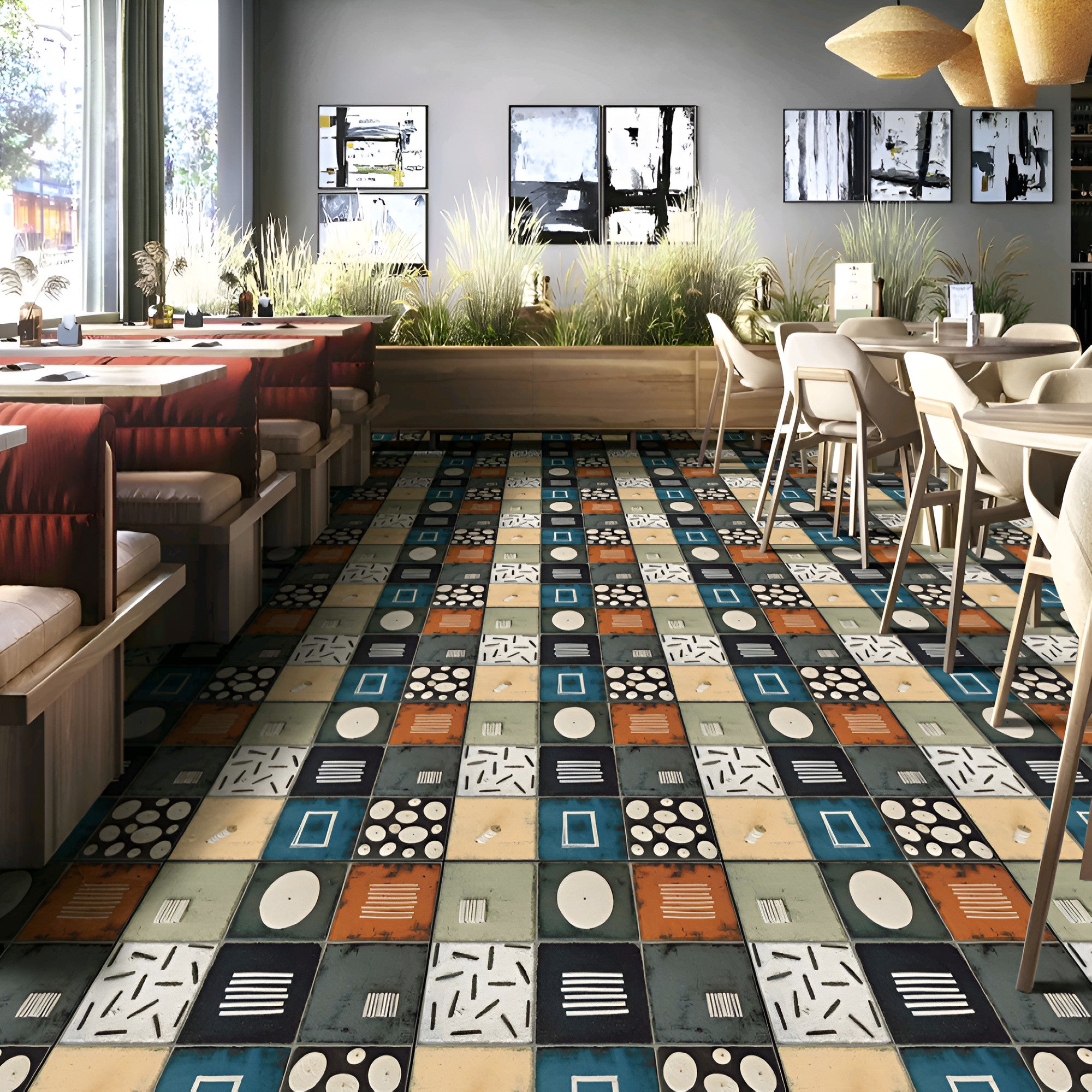 Brake Moroccan Vitrified Tile in 24 x 24 inch size featuring a refined matt surface, showcasing detailed Moroccan-inspired artwork with soft tonal variations, designed for elegant and durable floor installation in modern living spaces.