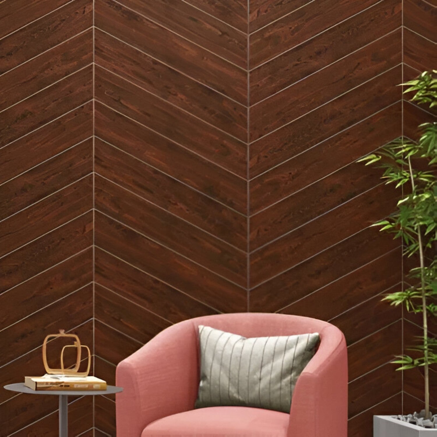 Brown Walnut Chevron Wooden Tile 6x36 Inch, featuring rich brown walnut tones arranged in a chevron pattern, ideal for stylish and durable flooring or wall applications.
