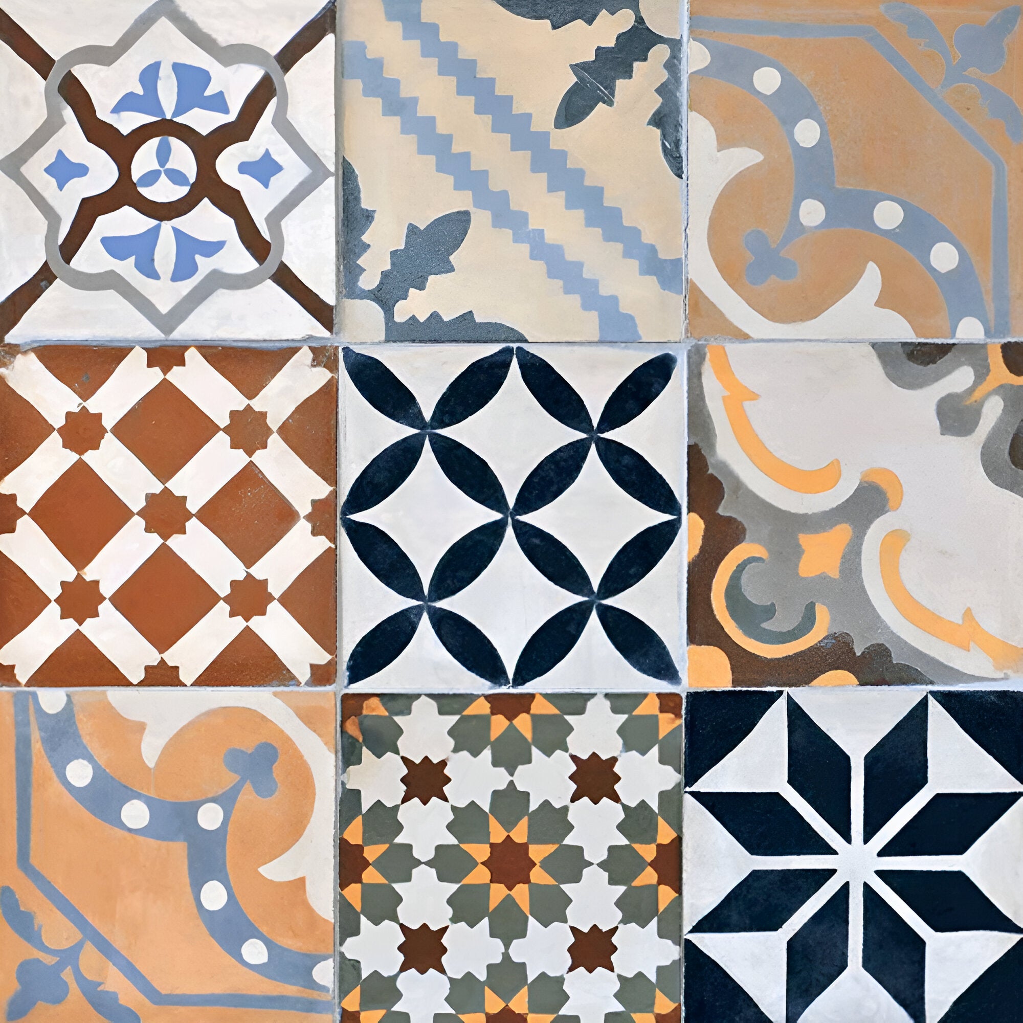 Brussels Moroccan vitrified floor tile in 24 x 24 inch size featuring an intricate Moroccan-inspired pattern with a soft matte surface, showcasing detailed artistic motifs and rich tonal contrasts suitable for elegant interior flooring