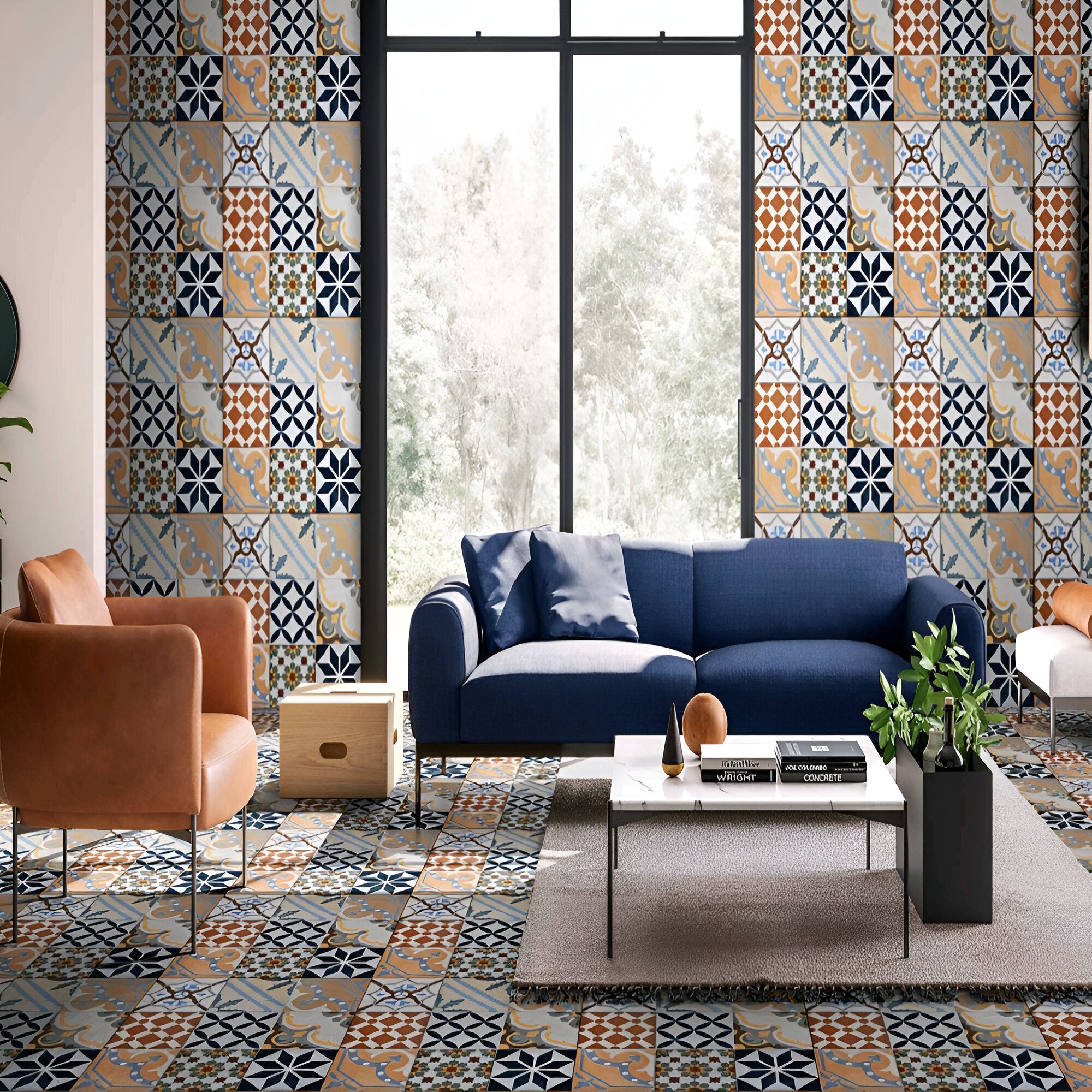 Brussels Moroccan vitrified floor tile in 24 x 24 inch size featuring an intricate Moroccan-inspired pattern with a soft matte surface, showcasing detailed artistic motifs and rich tonal contrasts suitable for elegant interior flooring