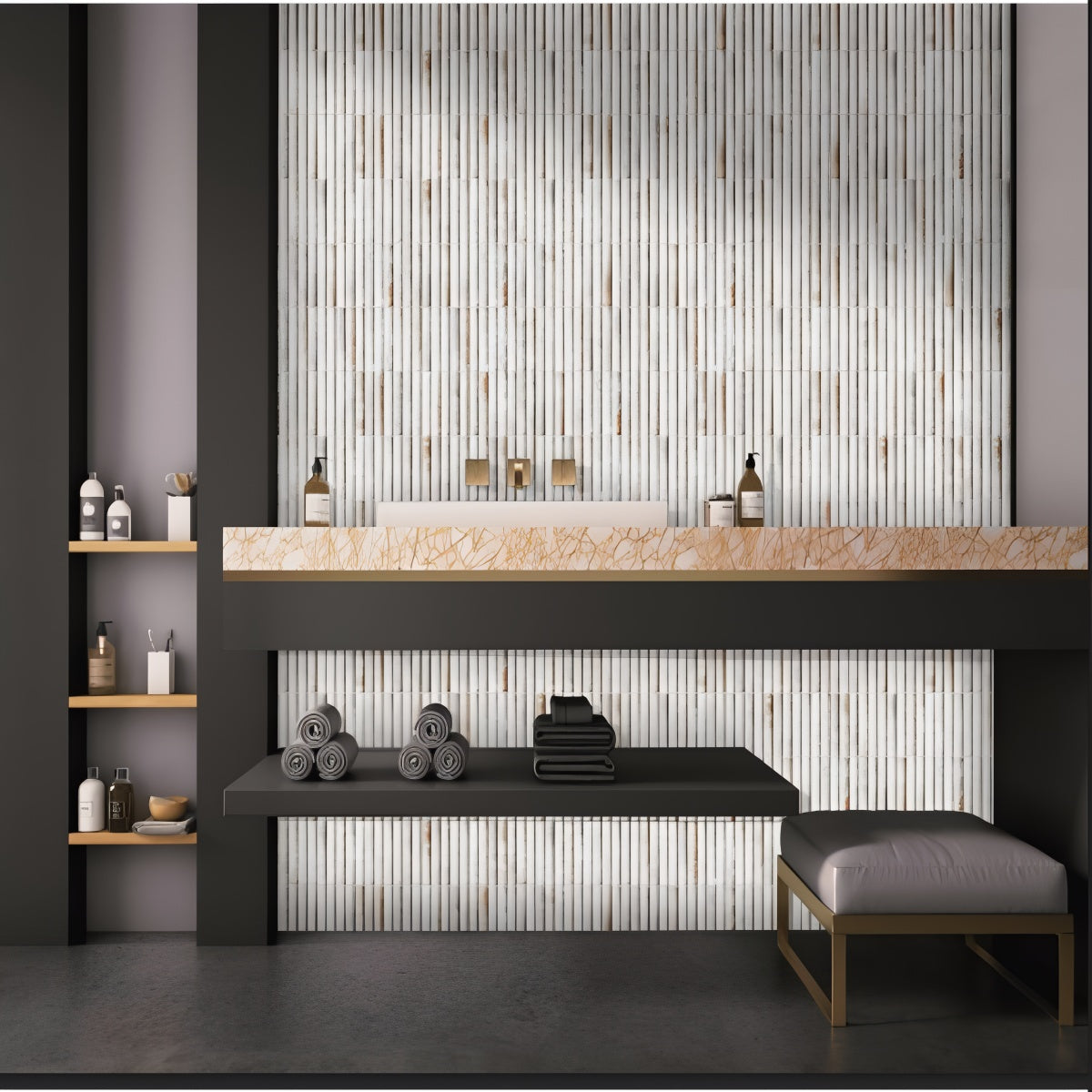 Bumpy Cosmo Bianco Tile - 12x12 inch ceramic wall tile with fluted texture in white and beige tones

