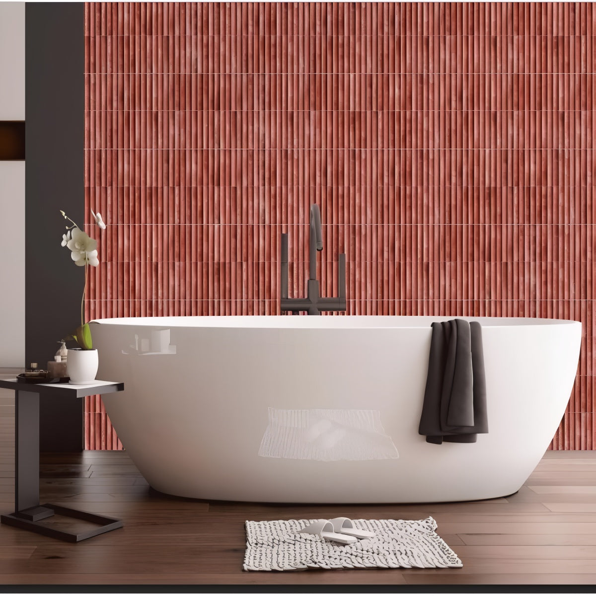 Bumpy Cosmo Merlot Tile - 12x12 inch ceramic wall tile with glossy fluted texture in deep merlot red


