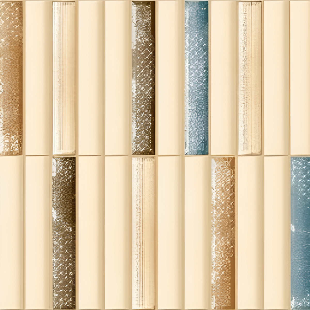 Bumpy Nexo Eternal Deco Ceramic Tile 12x12 Inch – Ivory tile with vertical 3D texture and decorative metallic and blue inlay strips.

