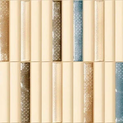 Bumpy Nexo Eternal Deco Ceramic Tile 12x12 Inch – Ivory tile with vertical 3D texture and decorative metallic and blue inlay strips.

