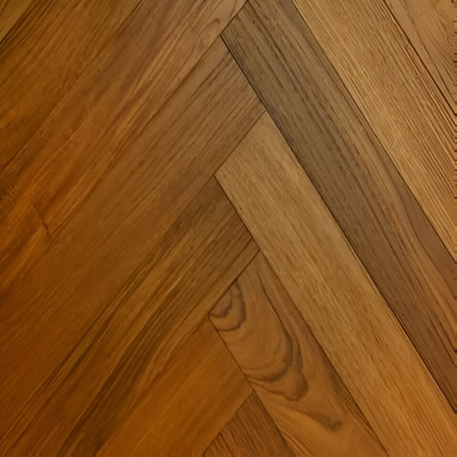 Burma Teak Herringbone Flooring 4x28 inch with rich teak finish, durable solid wood surface, featuring classic herringbone pattern, perfect for stylish interiors, living spaces, and premium commercial flooring applications
