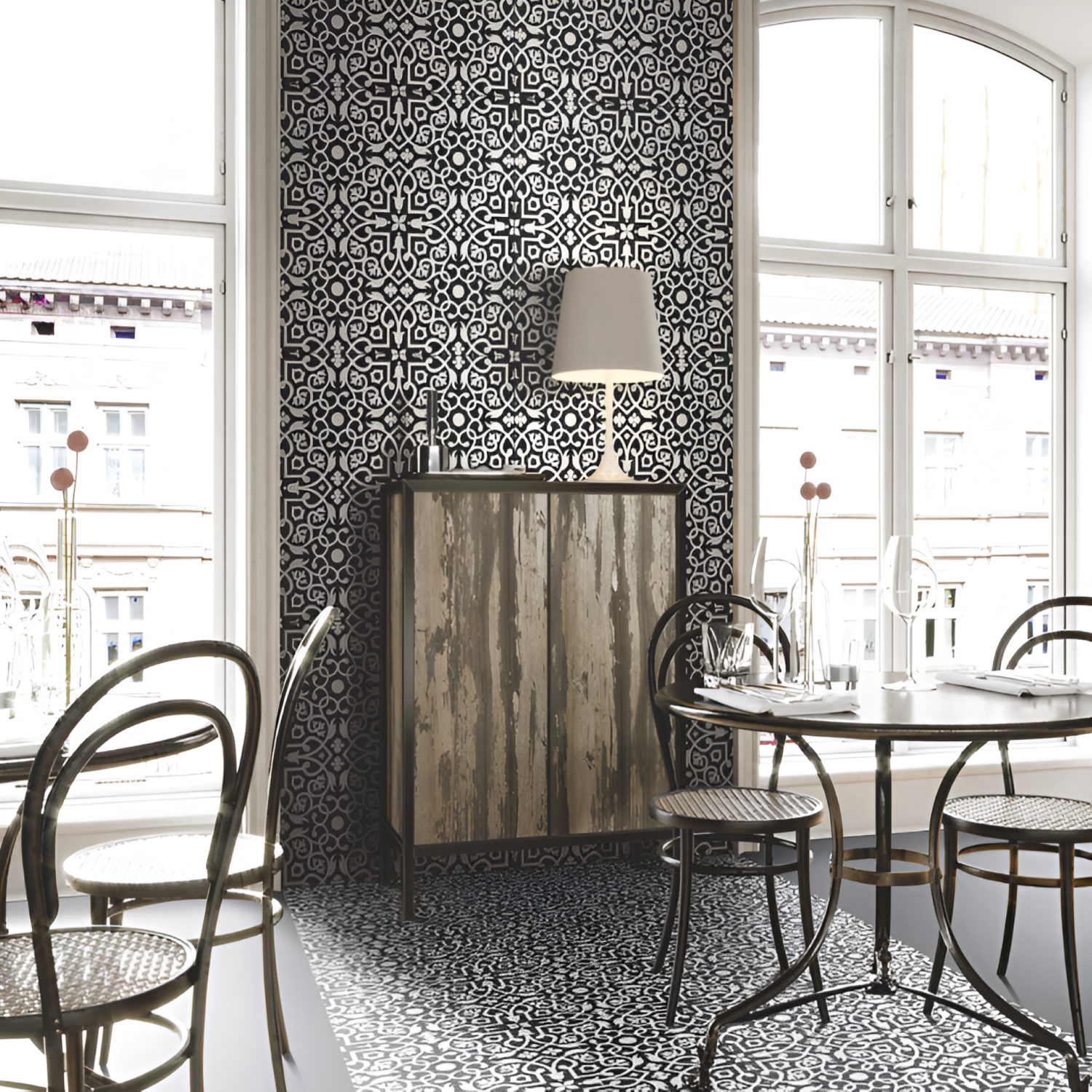 CHL-1101 Moroccan Tile – 24x24 inch ceramic tile with intricate Moroccan-inspired patterns in classic black and white, perfect for creating bold, artistic surfaces.