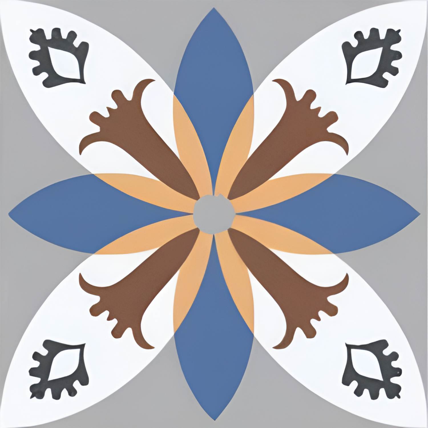 CT-010 Moroccan Vitrified Tile 12x12 Inch – Elegant Moroccan tile featuring a floral starburst design in blue, brown, white, and grey, perfect for walls and floors with a vintage charm.