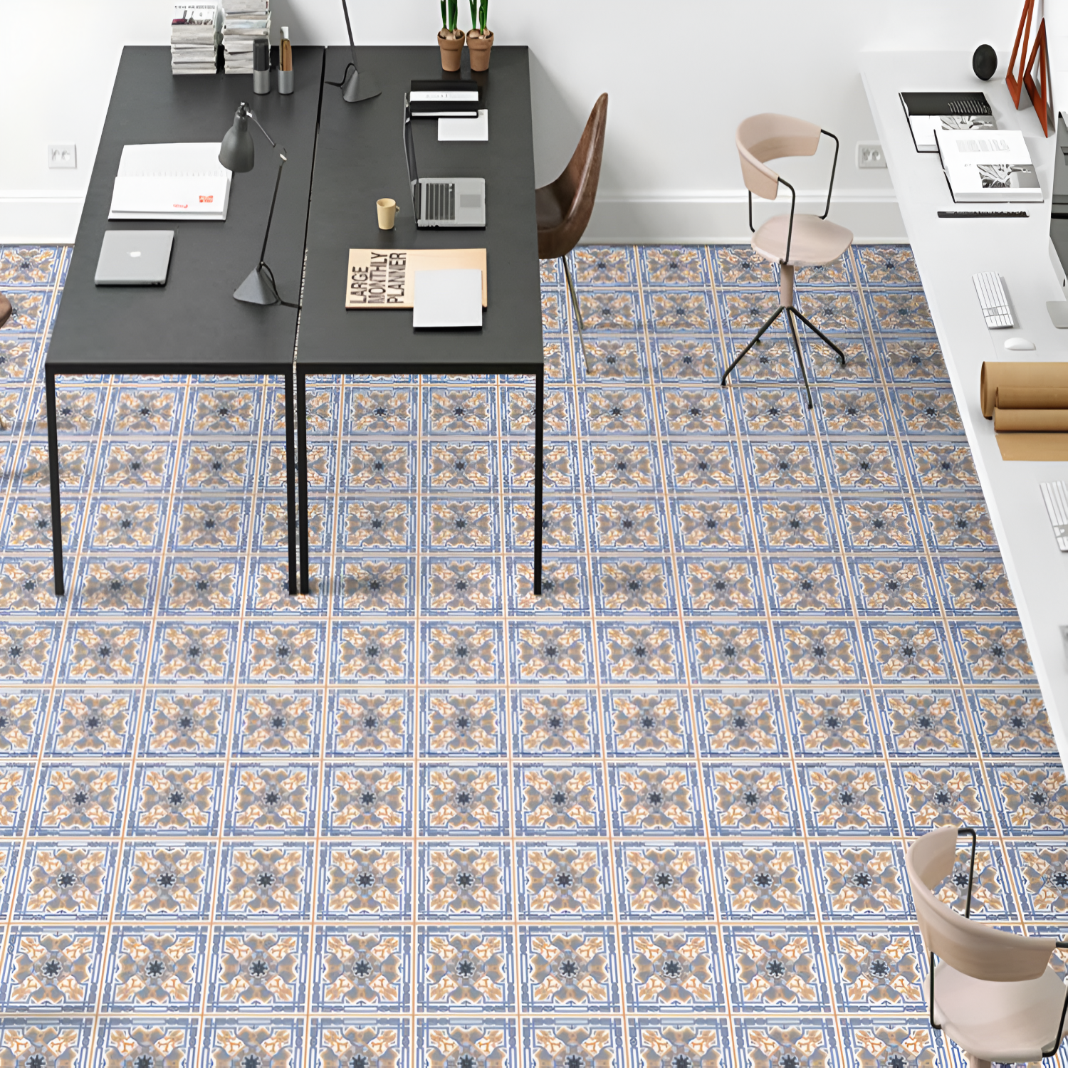 CT-011 Moroccan Vitrified Tile 12x12 Inch – Traditional Moroccan tile featuring intricate floral-inspired patterns in soft beige, blue, and olive tones, ideal for elegant interior décor.