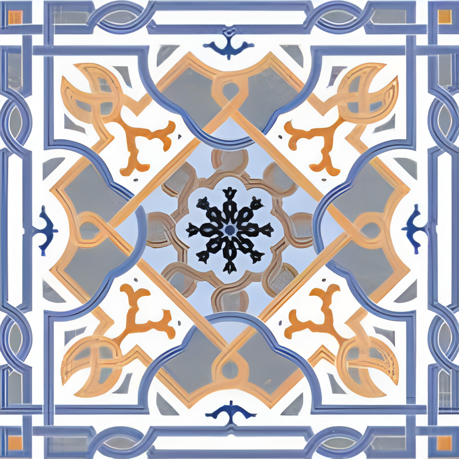 CT-011 Moroccan Vitrified Tile 12x12 Inch – Traditional Moroccan tile featuring intricate floral-inspired patterns in soft beige, blue, and olive tones, ideal for elegant interior décor.