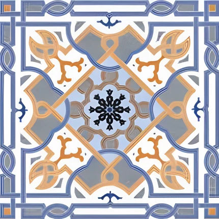CT-011 Moroccan Vitrified Tile 12x12 Inch – Traditional Moroccan tile featuring intricate floral-inspired patterns in soft beige, blue, and olive tones, ideal for elegant interior décor.