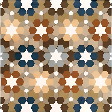 CT-012 Moroccan Vitrified Tile 12x12 Inch – Eye-catching Moroccan tile with star-shaped geometric patterns in earthy tones and bold blues, perfect for adding cultural flair to walls or floors.