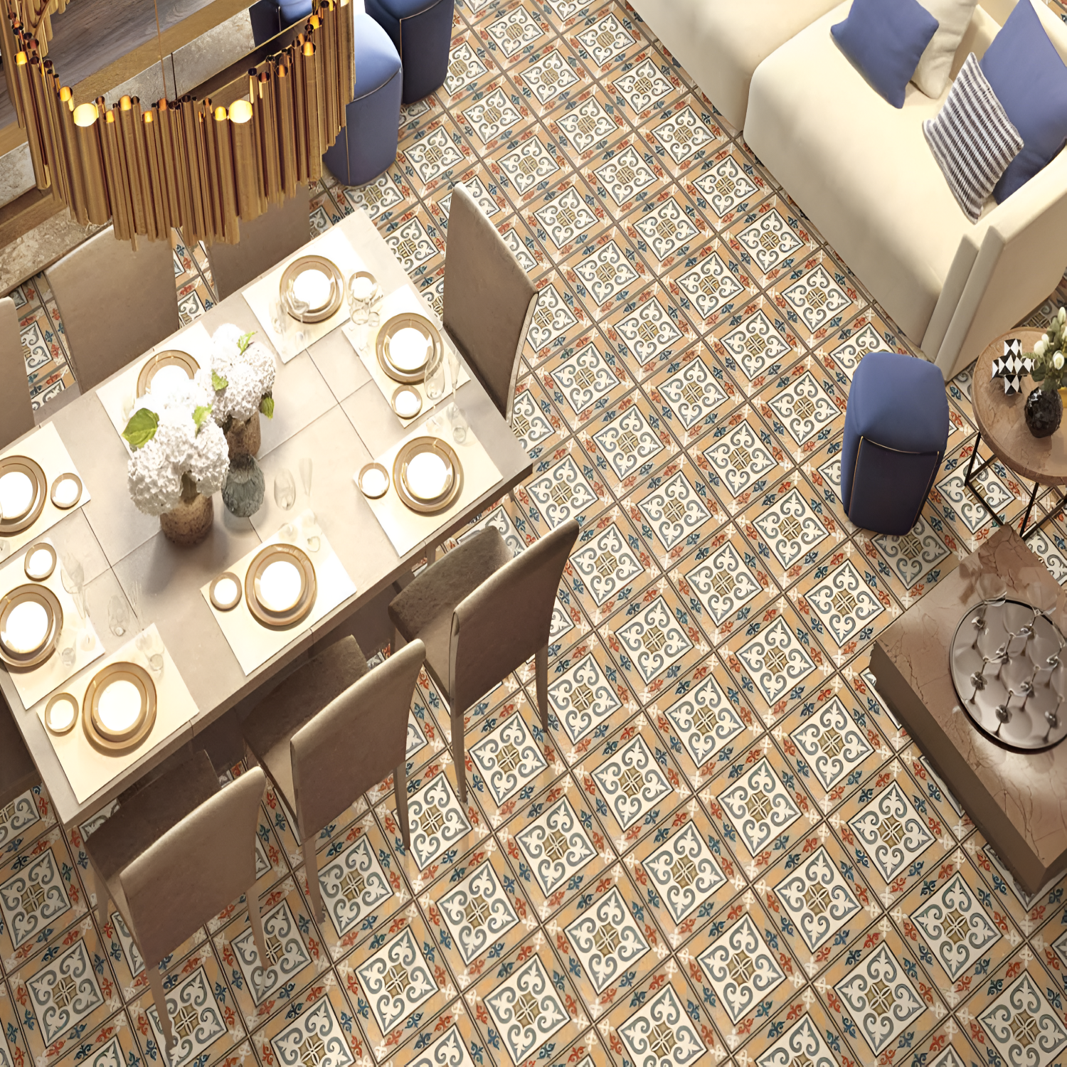 CT-014 Moroccan Vitrified Tile 12x12 Inch – Stylish vitrified tile showcasing a classic Moroccan pattern with symmetrical floral elements in muted beige, navy, and sage tones.