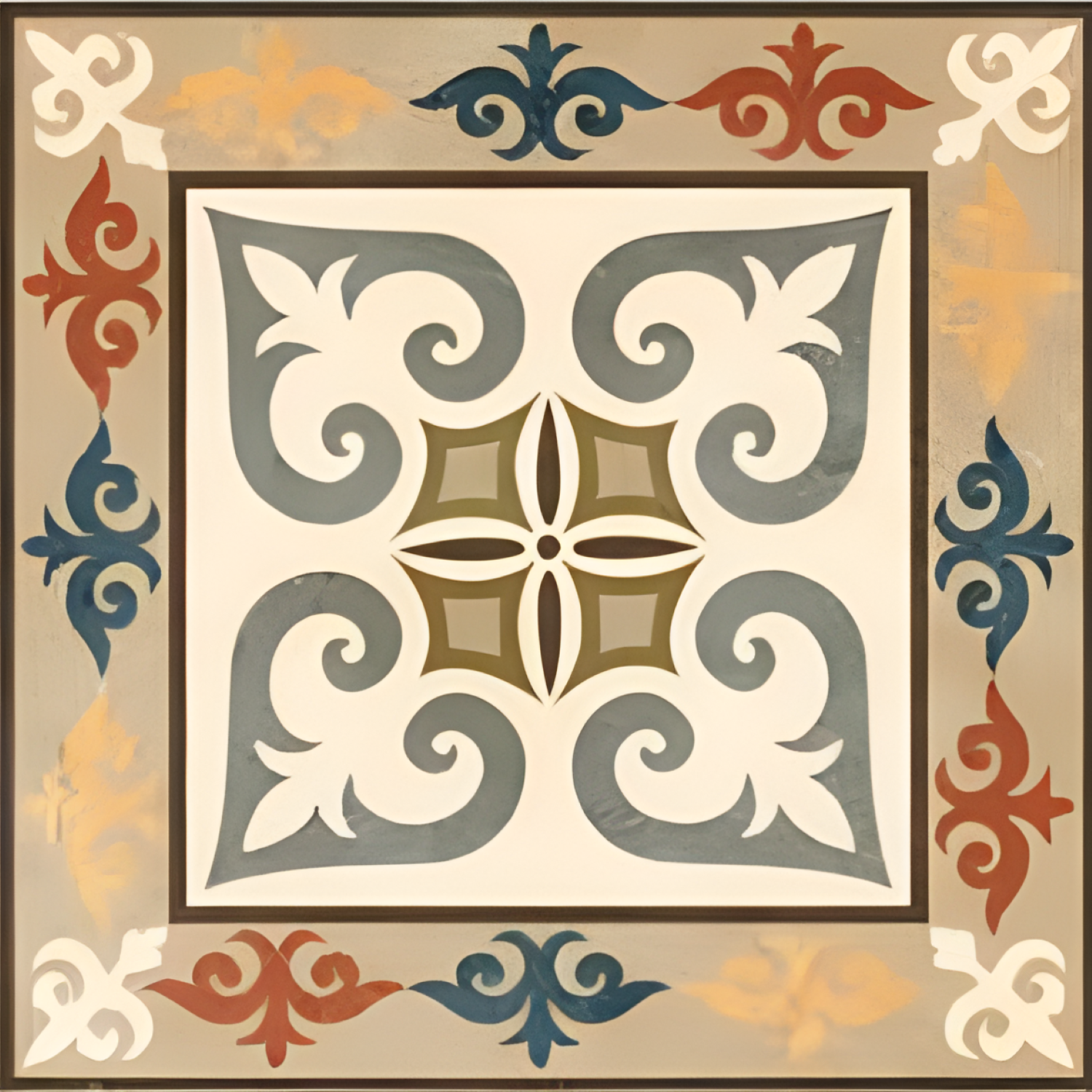 CT-014 Moroccan Vitrified Tile 12x12 Inch – Stylish vitrified tile showcasing a classic Moroccan pattern with symmetrical floral elements in muted beige, navy, and sage tones.