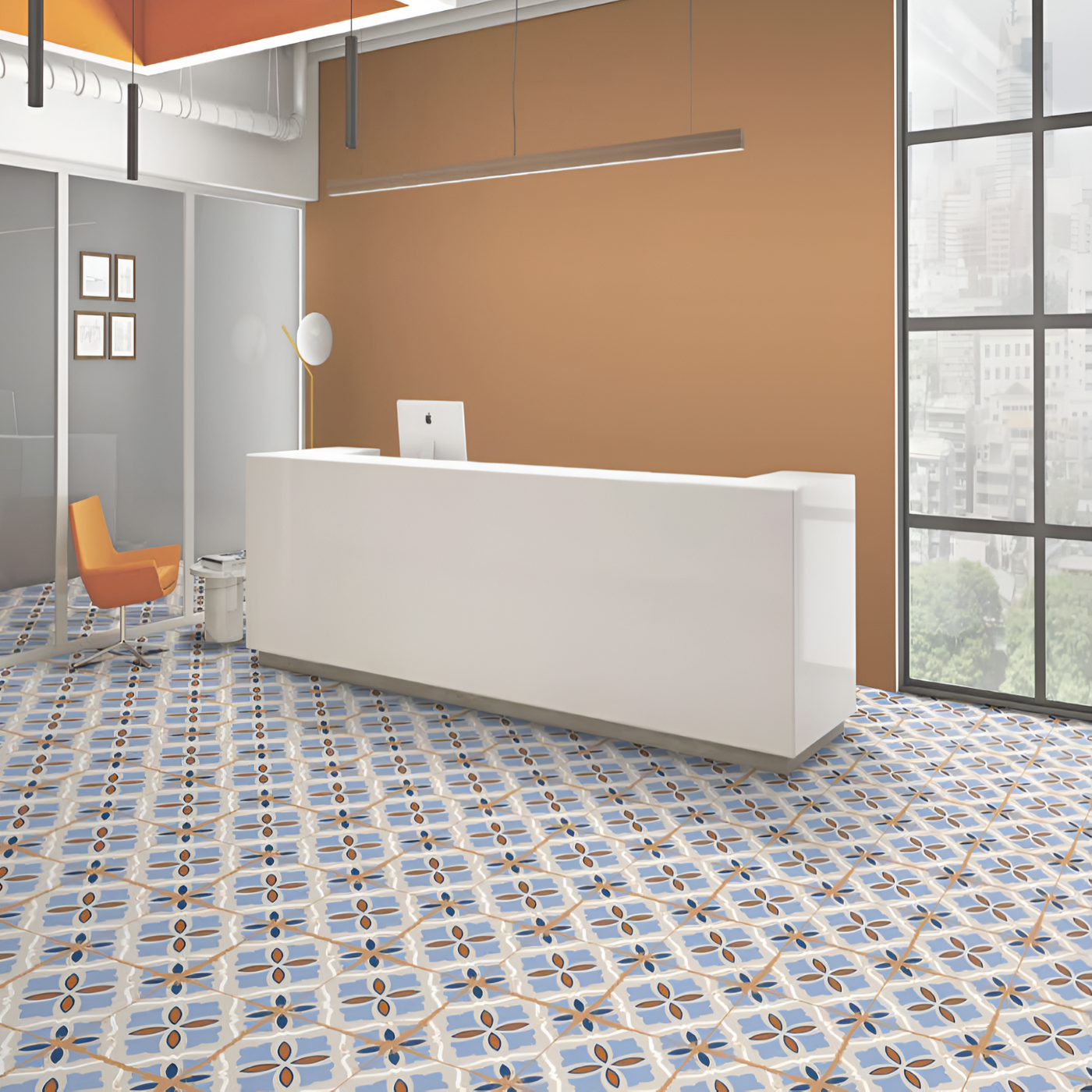 Architectural Blue & Copper for a Designer Office Reception
