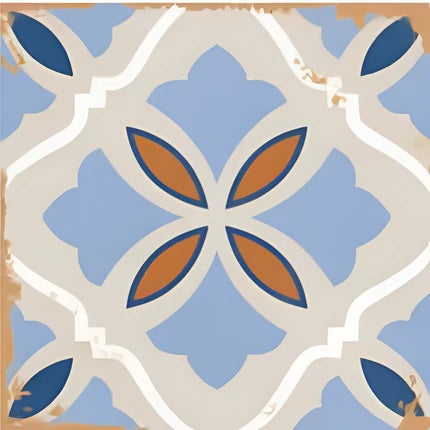 CT-016 Moroccan Vitrified Tile 12x12 Inch – Elegant vitrified tile with a traditional Moroccan design in soft beige, navy blue, and earthy olive hues, perfect for vintage-inspired spaces.