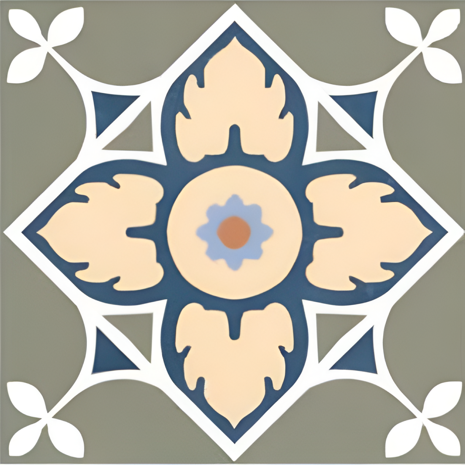 CT-017 Moroccan Vitrified Tile 12x12 Inch – Decorative vitrified tile featuring a bold Moroccan floral motif in beige, navy blue, and olive green tones.









