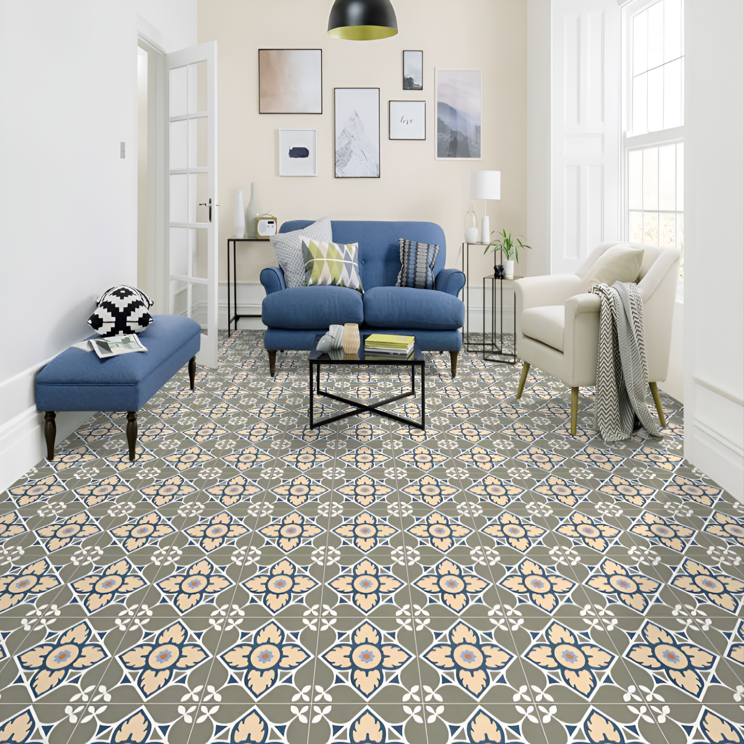 CT-017 Moroccan Vitrified Tile 12x12 Inch – Decorative vitrified tile featuring a bold Moroccan floral motif in beige, navy blue, and olive green tones.









