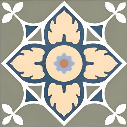 CT-017 Moroccan Vitrified Tile 12x12 Inch – Decorative vitrified tile featuring a bold Moroccan floral motif in beige, navy blue, and olive green tones.
