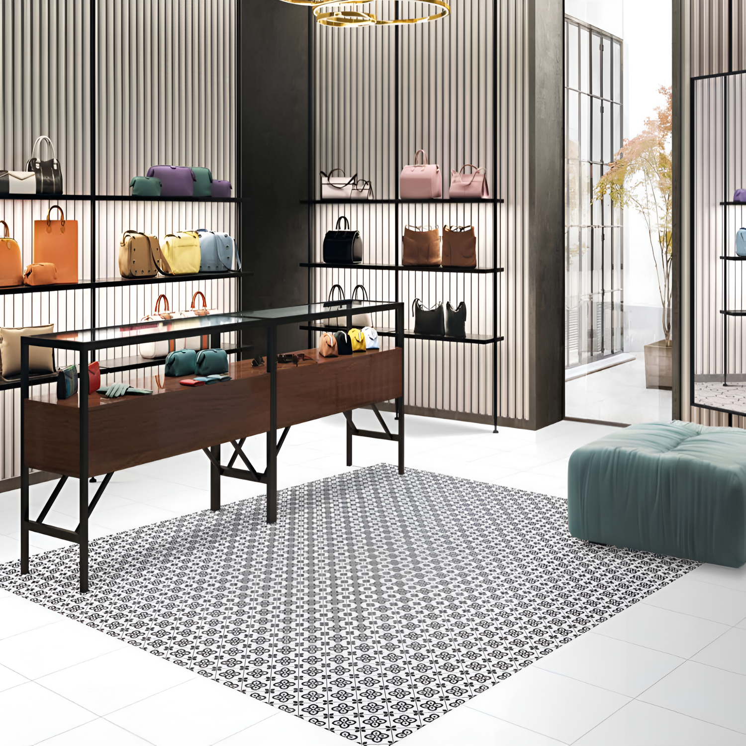 CT-018 Moroccan vitrified tile with a high-contrast black and white palette, featuring a symmetrical floral diamond pattern repeated across the surface for a bold, graphic effect.