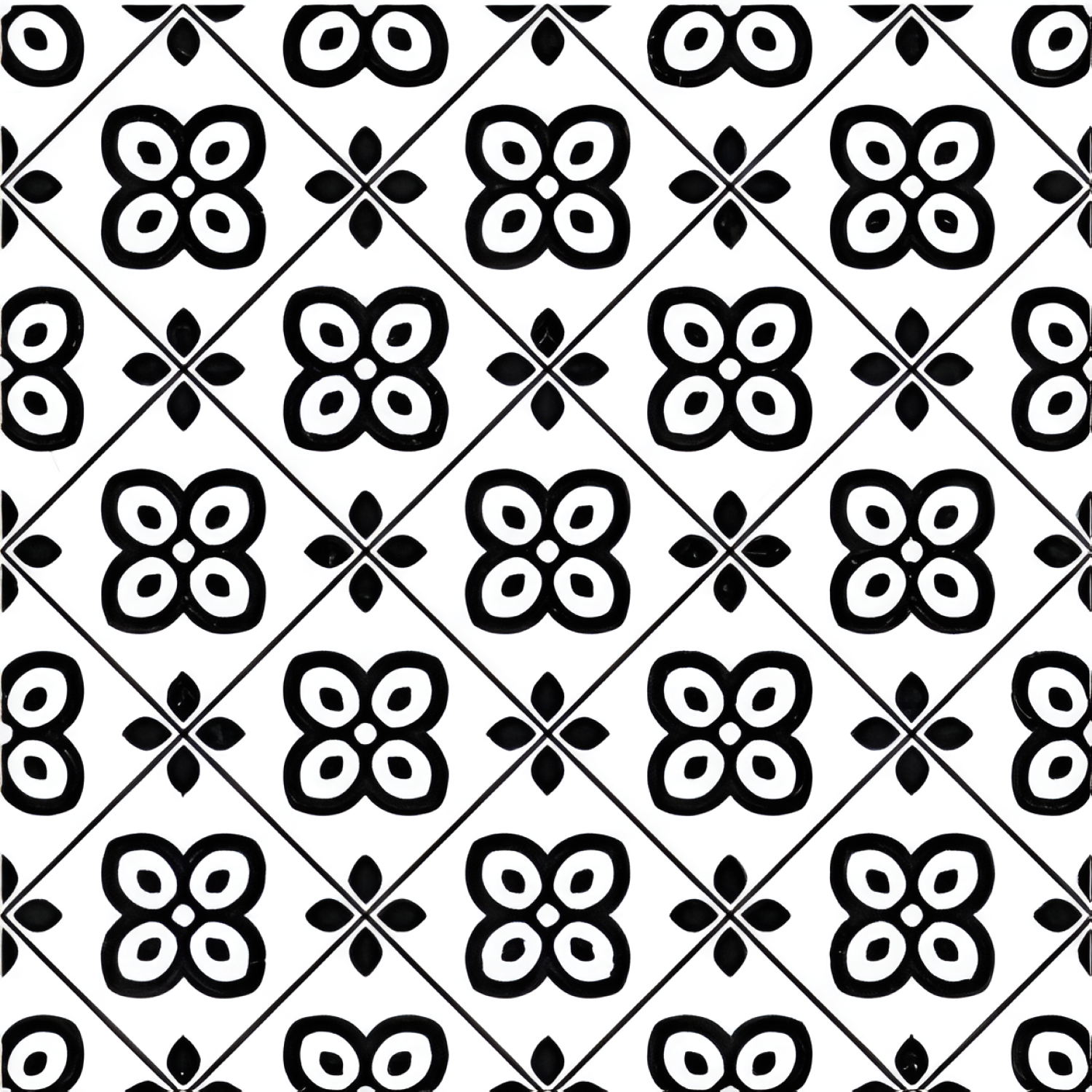 CT-018 Moroccan vitrified tile with a high-contrast black and white palette, featuring a symmetrical floral diamond pattern repeated across the surface for a bold, graphic effect.