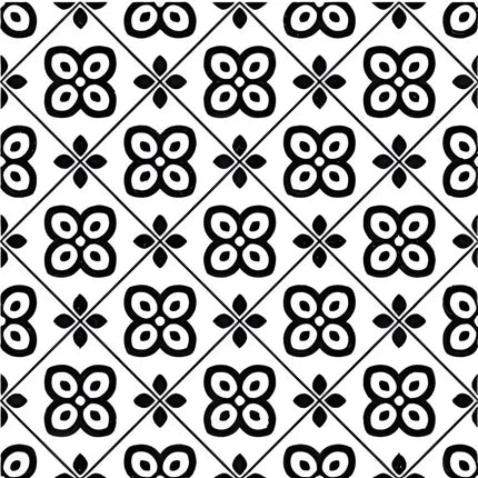 CT-018 Moroccan vitrified tile with a high-contrast black and white palette, featuring a symmetrical floral diamond pattern repeated across the surface for a bold, graphic effect.