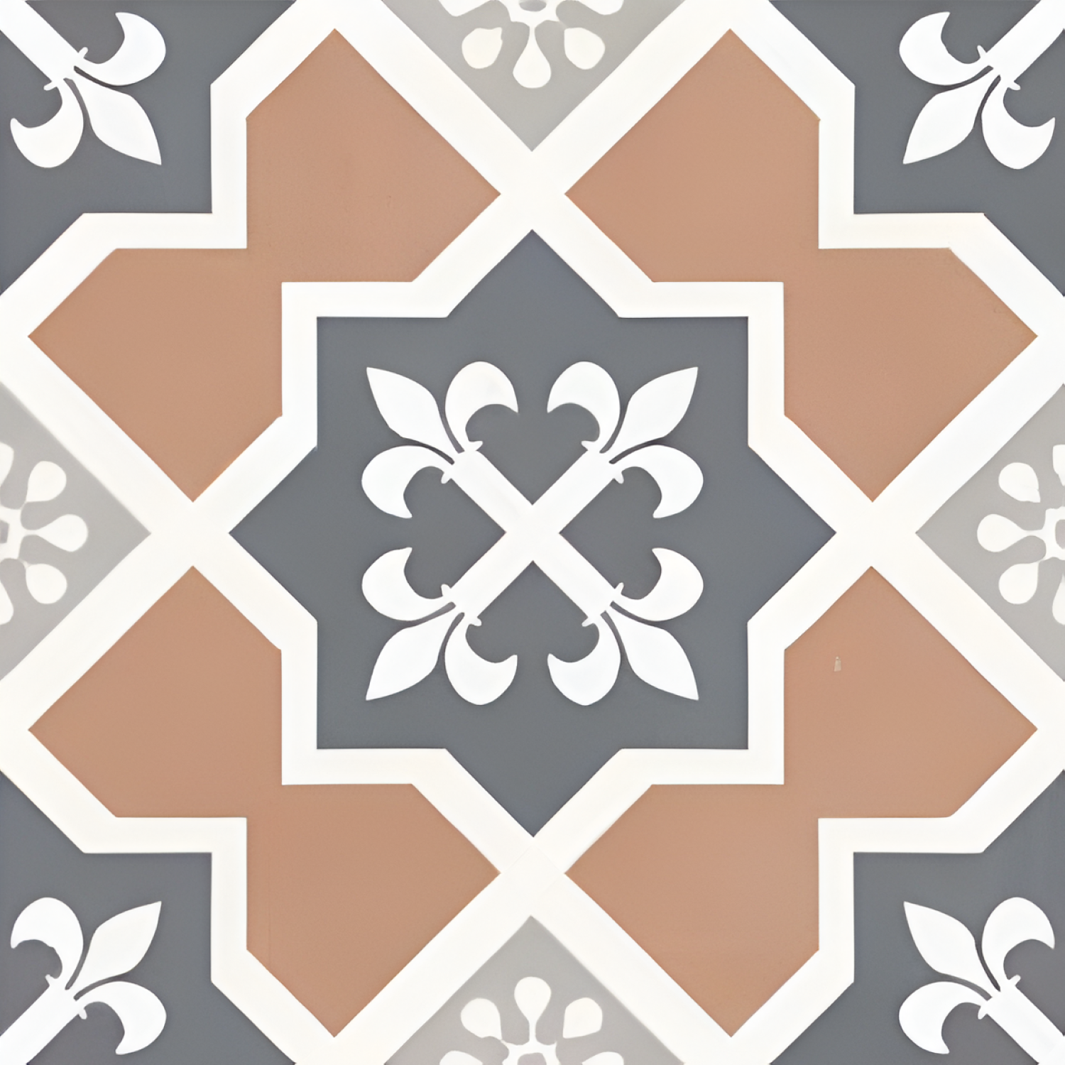 CT-019 Moroccan vitrified tile with symmetrical floral motifs in white, set against a geometric backdrop of terracotta, grey, and beige tones, creating a traditional yet stylish design.